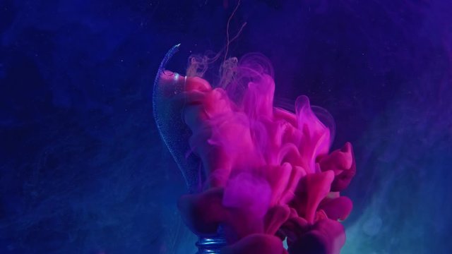 Color ink splash. Underwater explosion. Fruit dove pink smoke filling broken light bulb on phantom blue.