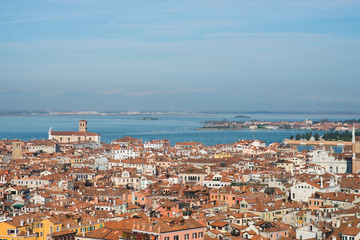 Top view of traditional buildings in the center of Venice.