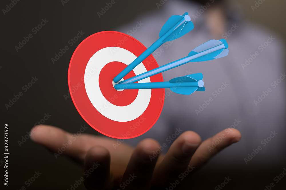 Poster  makes a dart throw on the target. The concept of persistence in business..