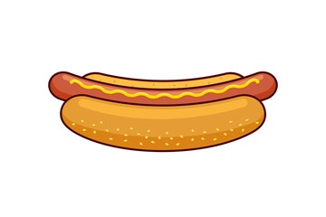 Cartoon fast food hotdog with black linear border. Hot dog sausage in bread bun with mustard flat vector illustration