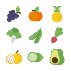 set of icons of fresh fruits and vegetables