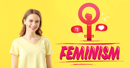 Young woman and word FEMINISM on color background