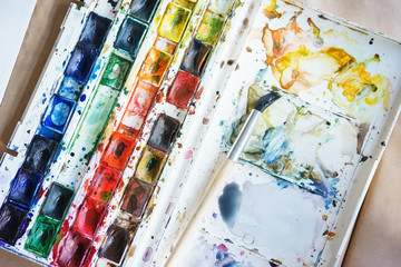 Artist paint brushes and watercolor paintbox on plastic palette.