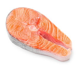 Raw salmon steak on white background
