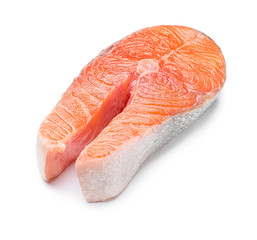 Raw salmon steak on white background
