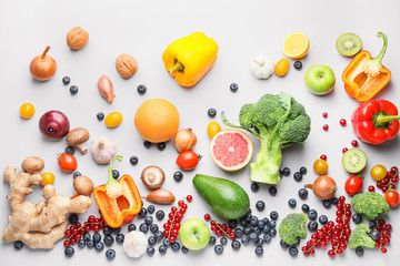 Healthy products on white background