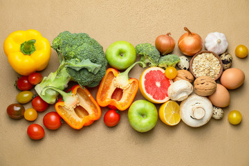 Healthy products on color background