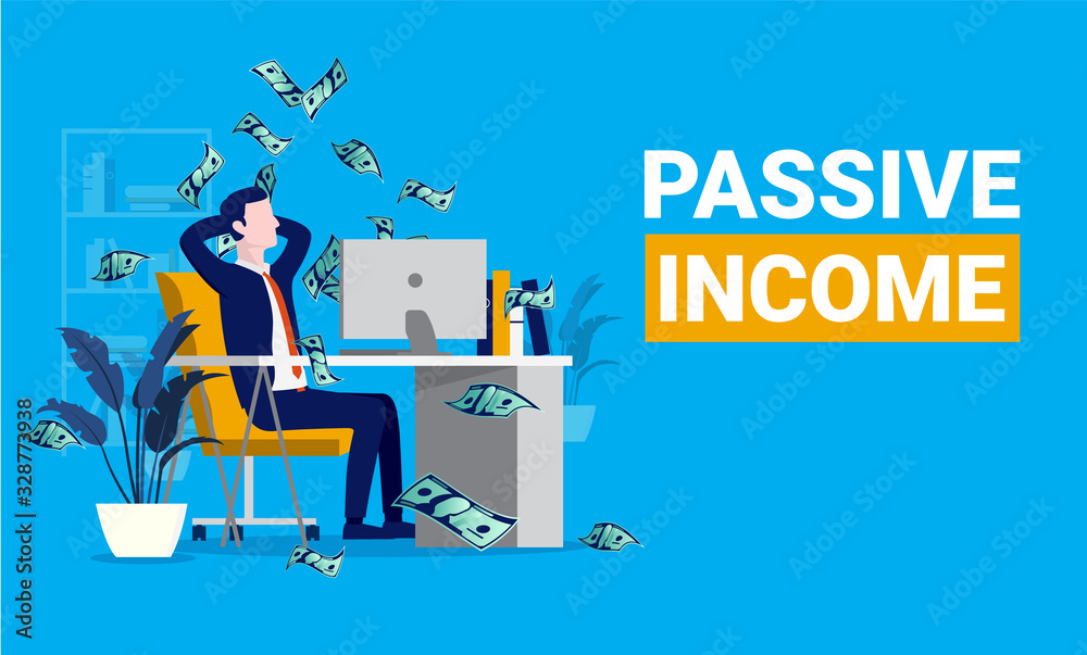 Poster passive income. man relaxing in front of computer while money raining down. financial freedom, easy 