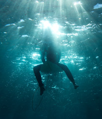 Fototapeta na wymiar Underwater view of a surfer at Bondi Beach, Sydney