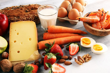 Allergy food concept. Allergy food as almonds, milk, cheese, strawberry, bread, seeds, eggs,...