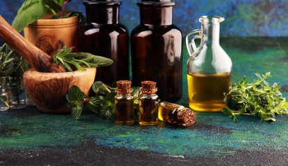 Homegrown and aromatic herbs on rustic background with rosemary and basil
