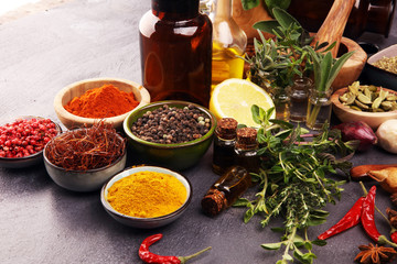 Spices and herbs on table. Food and cuisine ingredients with pepper