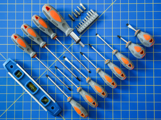 Screwdriver Set on Blue Stationary Mat