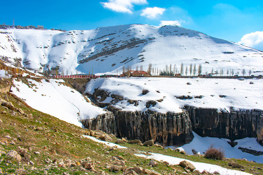 Canyon in the snow covered mountains of Lebanon