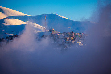 Fog over the Lebanon mountain village of Faraya in winter