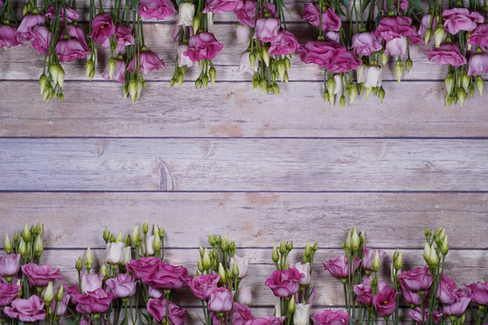 purple and white eustom roses on wooden background. Empty space for design.
