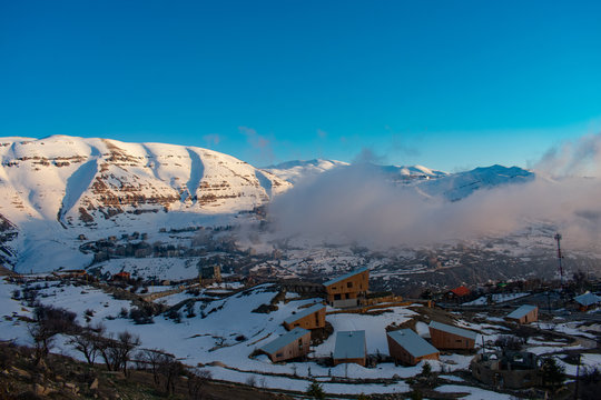 Fog over the Lebanon mountain village of Faraya in winter