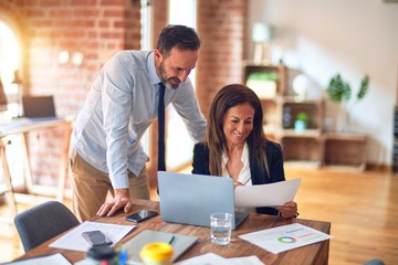 Two middle age business workers smiling happy and confident. Working together with smile on face using laptop at the office