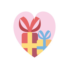 Gifts with bowties inside heart fill style icon vector design