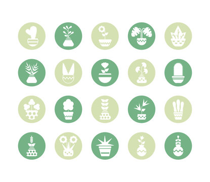 set of icons houseplants with potted, block and flat style icon
