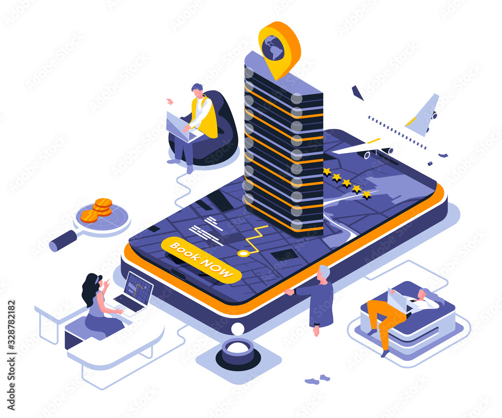 Poster booking landing page vector template. ordering boarding tickets website header ui layout with isomet