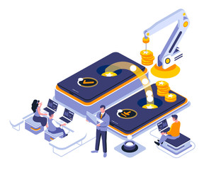 Mobile banking landing page vector template. Online smartphone payment website header UI layout with isometric illustration. Digital currency transaction web banner isometry concept