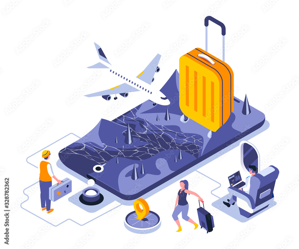 Poster travel vacation landing page vector template. international voyage with suitcase website header ui l
