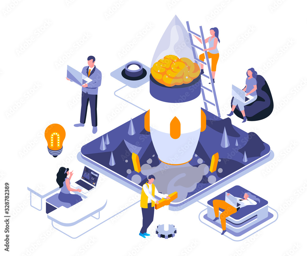 Poster brainstorming landing page vector template. corporate strategy planning website header ui layout wit