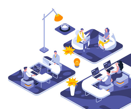 Coworking office landing page vector template. Freelance startup team website header UI layout with isometric illustration. Professional meeting in workplace web banner isometry concept