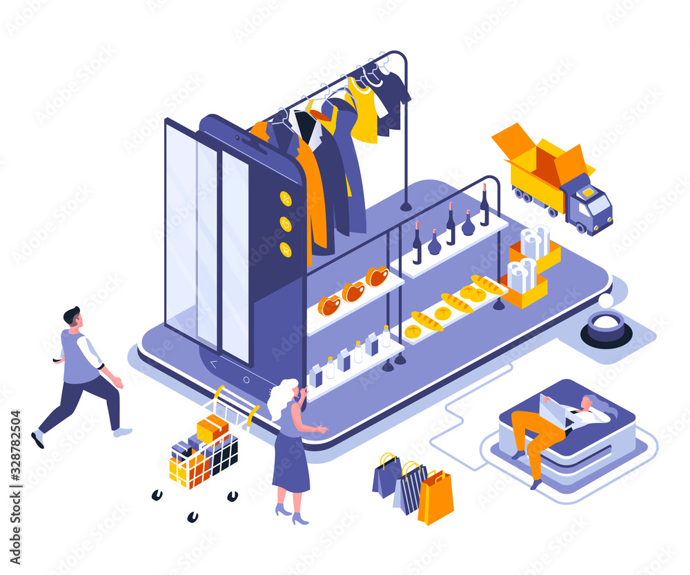 Poster Online shopping landing page vector template. Fashion boutique, clothes and garment store website header UI layout with isometric illustration. Grocery and consumerism web banner isometry concept