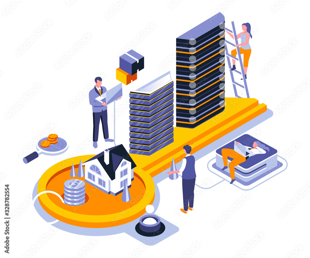 Aufkleber real estate landing page vector template. private property website header ui layout with isometric i