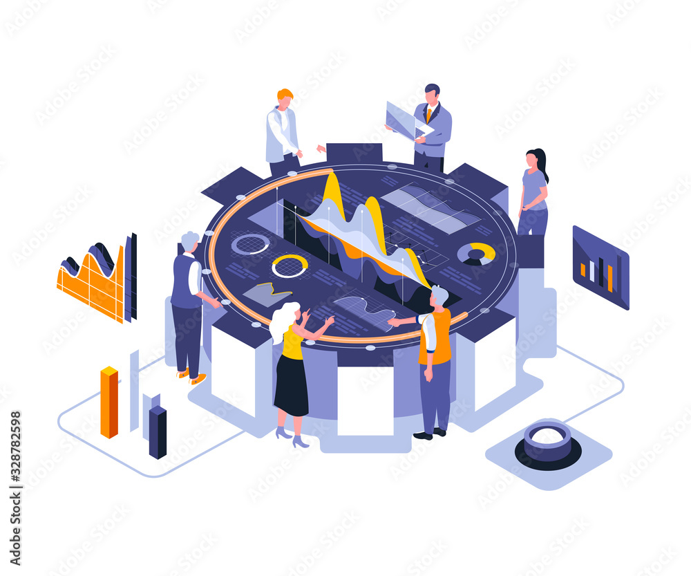 Poster Business meeting landing page vector template. Workshop for entrepreneurs website header UI layout with isometric illustration. Business people cooperation web banner isometry concept