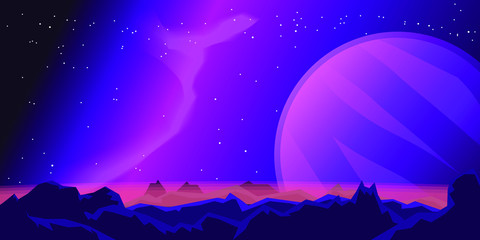 Cosmic background of an alien distant planet and its satellite. Mountains and rocks, stars and nebulae in pink and purple. Vector illustration