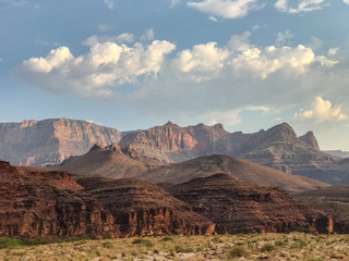 Palisades of the Desert and Grand Canyon Supergroup layers of geology from Tanner Camp on the Colorado River in Grand Canyon National Park, UNESCO World Heritage Site, Arizona