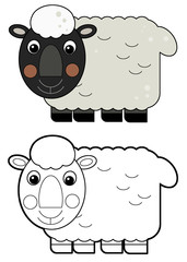 Cartoon happy farm animal cheerful sheep isolated on white background with sketch illustration for children
