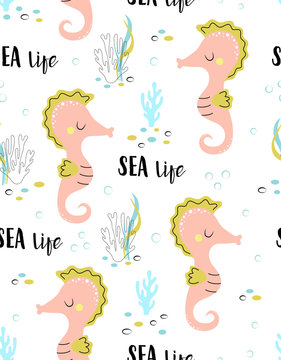 seamless pattern with cute seahorse isolated on white