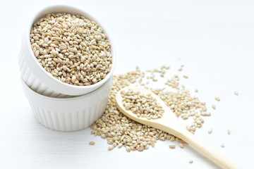 Raw barley grains, released in containers on white wooden background