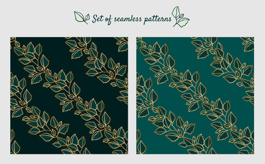 Leaves, branches on a geometric background of rhombuses. Set of seamless pattern in green, gold colors in a monochrome tone. Ornament for modern home textiles, interior wallpapers and other design ide
