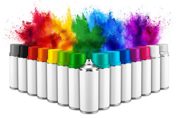 row of many spray can in colorful color in front of ainbow holi paint color powder explosion...