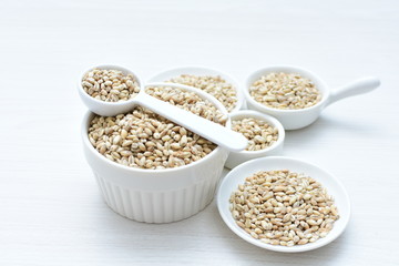 Raw barley grains, released in containers on white wooden background