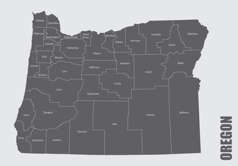 The Oregon State counties map with labels - obrazy, fototapety, plakaty
