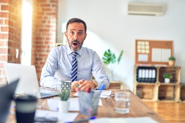 Fototapeta premium Middle age handsome businessman wearing tie sitting using laptop at the office afraid and shocked with surprise expression, fear and excited face.