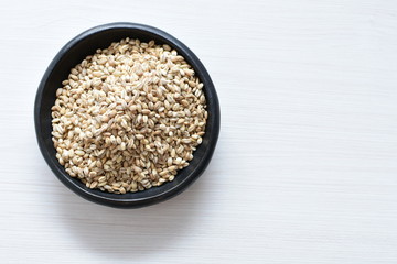 Raw barley grains, released in containers on white wooden background