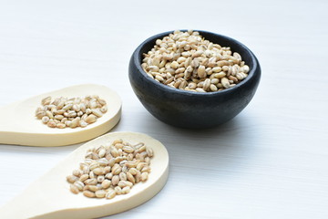 Raw barley grains, released in containers on white wooden background