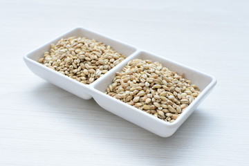 Raw barley grains, released in containers on white wooden background