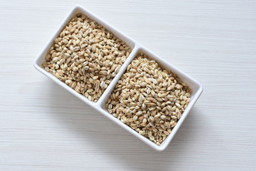 Raw barley grains, released in containers on white wooden background