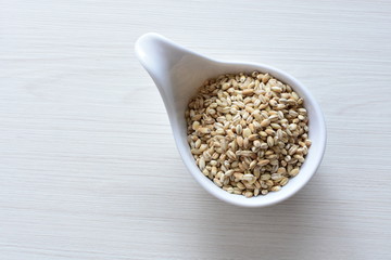 Raw barley grains, released in containers on white wooden background