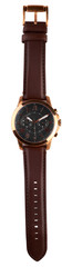 Men's mechanical wristwatch with leather strap isolated on white background.