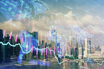 Forex chart on cityscape with skyscrapers wallpaper multi exposure. Financial research concept.