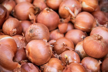 Freshly collected onions from agriculture for kitchen use in a street market for sale to the consumer public that comes to purchase